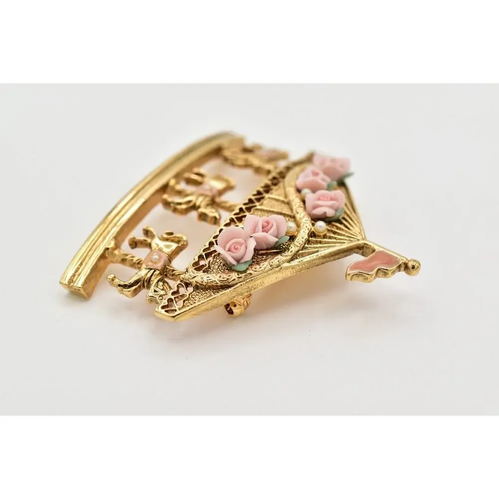1928 Vintage Carousal Pin Brooch Horse Gold Pink Roses Romantic 1980s BinBG